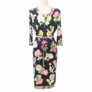 レオナール LEONARD 美品 花柄 七分袖 ワンピース ウエストリボン バックファスナー 日本製...