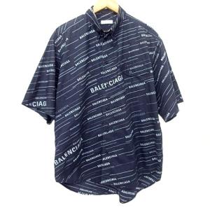 【中古】バレンシアガ 国内正規 総柄 ロゴ ボタンダウン シャツ 半袖 556242 36 黒 ブラック ☆AA★ A0912 BALENCIAGA（バレンシアガ） 国内正規 総柄 ロゴ ボタンダウン シャツ