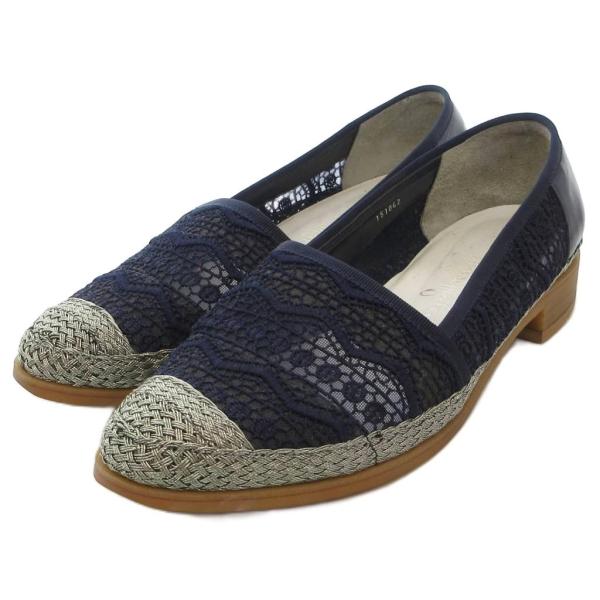 銀座かねまつ GINZA Kanematsu スリッポン シューズ シアー 刺繍 22cm 紺 ネイ...