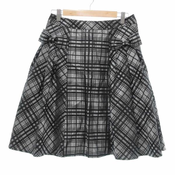 ルネ Rene フレアスカート ひざ丈 チェック柄 リボン 36 シルバーカラー 黒 ブラック /J...