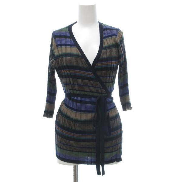 スリードッツ three dots リブニットカーディガン マルチボーダー リボンベルト XS 紺 ...