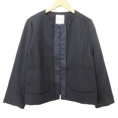 アナトリエ ANATELIER ノーカラー ジャケット サテンパイピング ブルゾン 38 紺 ネイビ...