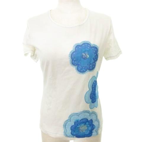 ハナエモリ HANAE MORI 半袖 Ｔシャツ レース ビジュー クルーネック 薄手 Mサイズ 白...