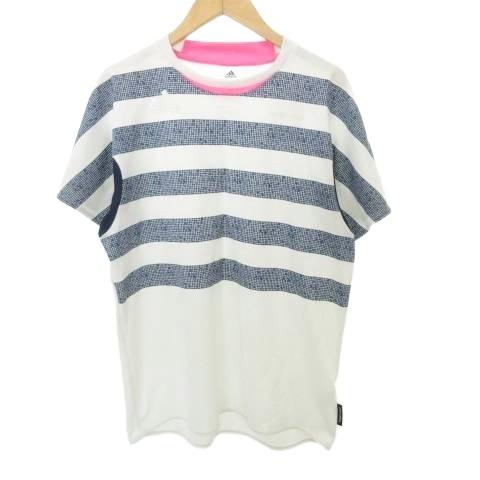 アディダス adidas 半袖 Tシャツ ボーダー ロゴ クルーネック 薄手 Lサイズ 白 ホワイト...