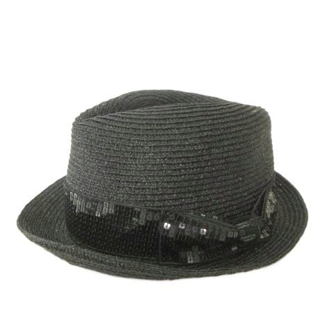 セシルマクビー CECIL McBEE 麦わら帽子 ハット スパンコール リボン 薄手 黒 ブラック...