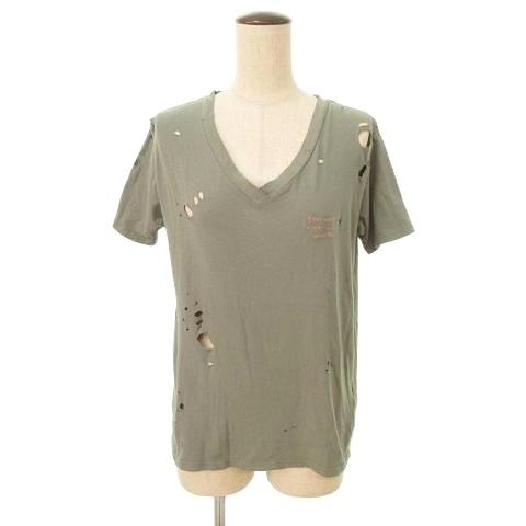 マザー mother ダメージ加工 半袖 コットンＴシャツ Vネック XSサイズ カーキ ■TC ☆...