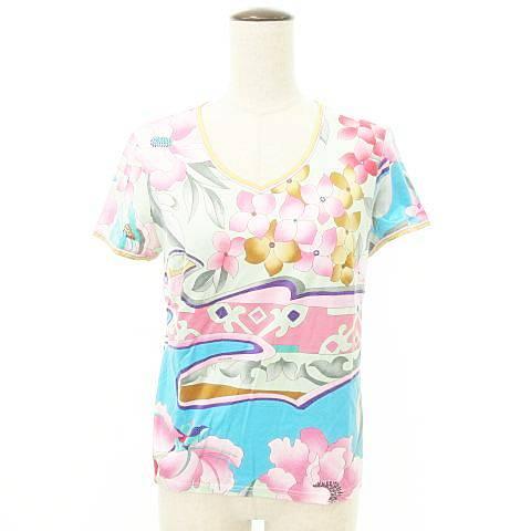 レオナール LEONARD 美品 花柄 Vネック コットン Tシャツ 日本製 Mサイズ マルチカラー...
