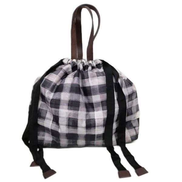 ポールスミス PAUL SMITH トートバッグ 巾着 チェック柄プリント ナイロン レザー グレー...