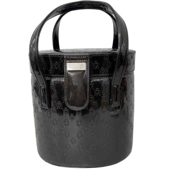 ミキモト MIKIMOTO バニティバッグ ケース ロゴ型押し エナメル ダークブラウン こげ茶 レ...