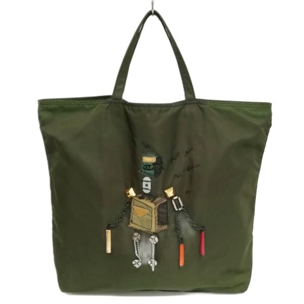 プラダ PRADA ポコノ ロボット ナイロン トートバッグ 三角プレート カーキ系 メンズ レディ...