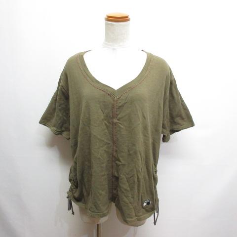 ドラッグストアーズ DRUG STORE'S 半袖 Vネック カットソー Tシャツ F カーキ 裾サ...