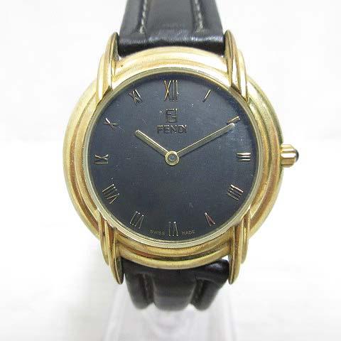 フェンディ FENDI  300J 腕時計 クォーツ 黒文字盤 ゴールド レザーベルト ウォッチ ☆...