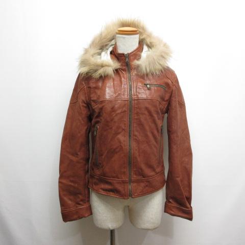 D'ARIENZO ラムレザー ライダース ジャケット M 茶 ブラウン フード・ラクーンファー取外...