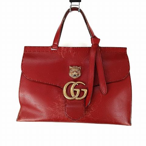 グッチ GUCCI GG マーモント タイガーヘッド ワンハンド レザー バッグ 赤 レッド ゴール...
