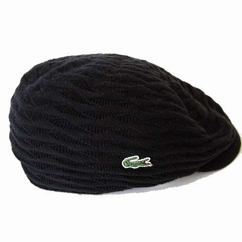 ラコステ LACOSTE ベレー帽 ぼうし 帽子 コットン ニット ロゴ 刺繍 57cm 黒 ブラッ...