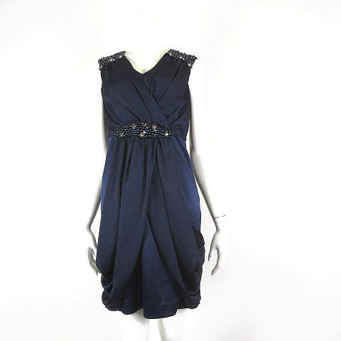 ワンピース ドレス ビジュー ドレープ ノースリーブ M 紺 ネイビー パーティー セレモニー 結婚...