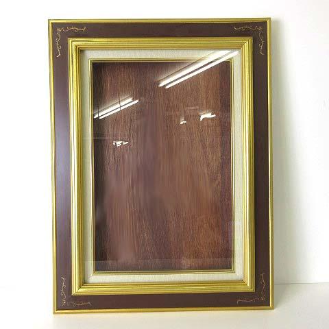 アンティーク 木製 額縁 油彩額 前面ガラス 410×276mm ダークブラウン こげ茶色 ゴールド...