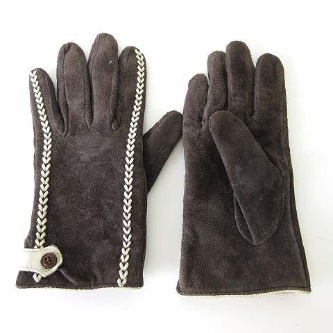 手袋 グローブ 本革 スエード レザー 裏布地 ステッチ装飾 ダークブラウン こげ茶色 白 レディー...