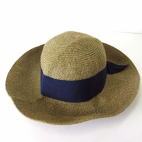 Cazy ハット つば広帽 麦わら帽子 リボン 58cm ナチュラル 紺 ネイビー 帽子 ぼうし レ...