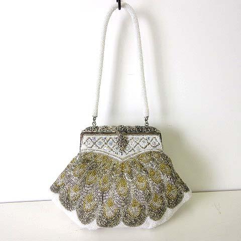 ヴィンテージ ビーズバッグ ハンドバッグ ポーチ がま口 フェザー 羽根柄 ビジュー装飾 白 ホワイ...