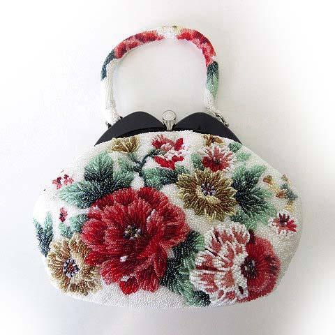 ヴィンテージ ビーズバッグ ハンドバッグ 和装 ポーチ がま口 牡丹 花柄 豪華 白 ホワイト 赤 ...