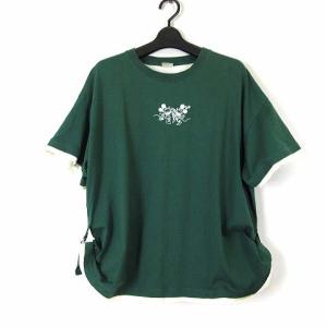 ダブルネーム ディズニー Disney Tシャツ レイヤー風 ミッキー ミニー 刺繍 半袖 サイドロールアップ F グリーン 緑 オフ白