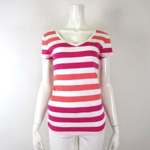 トミーヒルフィガー TOMMY HILFIGER Tシャツ カットソー 半袖 Vネック マルチボーダー柄 ロゴ 刺繍 S マゼンタピンク 白 オレンジ