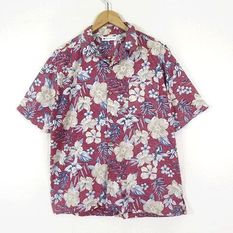 RESTORATON シャツ アロハシャツ 花柄 オープンカラー ウッドボタン 半袖 L レッド ベ...
