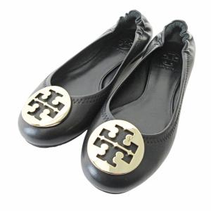 トリーバーチ TORY BURCH 美品 フラット バレエ シューズ ぺたんこ レザー ロゴ プレート ゴールド ブラック 黒 6M 23cm 0403 IBO51