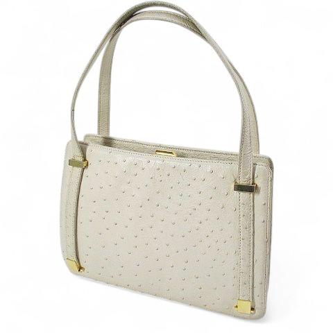 オーストリッチ レザー 本革 ハンドバッグ ゴールド金具 ライトベージュ  レディース 【ベクトル ...