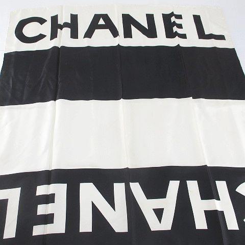 シャネル CHANEL 大判スカーフ 黒系 ブラック ロゴ プリント レディース