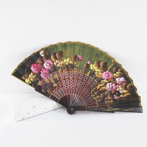 中華風 花柄 フラワー 扇子 扇 茶系 ブラウン スペイン製 レトロ アンティーク調 小物 レディー...