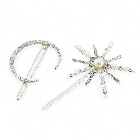 2点セット ヘアピン ムーン 月モチーフ ラインストーン パール調 シルバー系 ヘアアクセサリー レ...