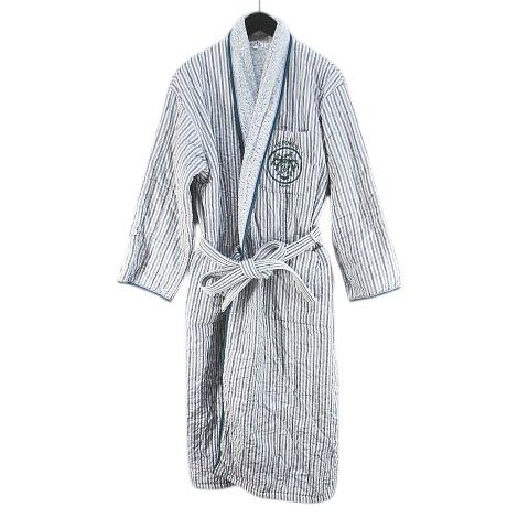 エルメス HERMES ストライプ柄 バスローブ ガウン S 緑系 グリーン フランス製 ロゴ 文字...