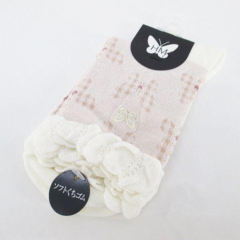 未使用品 HM 蝶柄 靴下 くつ下 ソックス 23〜24cm ペールオレンジ 刺繍 タグ付 レディー...