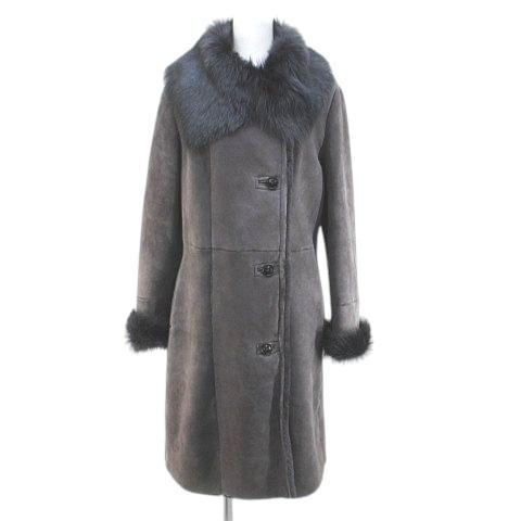 メリオン MERION ムートンコート ロング丈 羊革 13 灰系 グレー ボタン ポケット 無地 ...