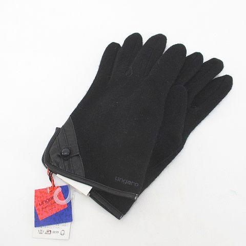 未使用品 ウンガロ UNGARO 手袋 5本指 グローブ カシミヤ 黒系 ブラック ロゴ 文字 刺繍...