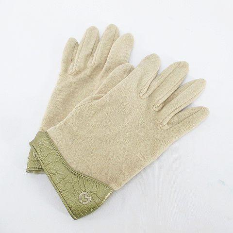 手袋 5本指 グローブ ベージュ系 ロゴ 刺繍 レザー調 切替 レディース