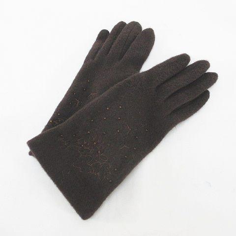 手袋 5本指 グローブ カシミヤ 茶系 ブラウン 花柄 フラワー 刺繍 ビーズ