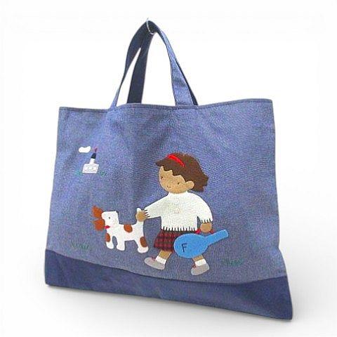 ファミリア Familiar トートバッグ お散歩 アップリケ ブルー キャンバス レザー調 レディ...