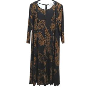 BOSCO INTERNATIONAL ボスコ インターナショナル 長袖 ワンピース ひざ丈 44 黒系 ブラック ペイズリー柄 総柄 フレア ストレッチ レディ