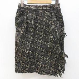 アンクライン ANNE KLEIN ANNE KLEIN II チェック柄 膝丈 ラップ タイトスカート 9AR 黒系 ブラック フリンジ スリット 裏地 日本製 レディ