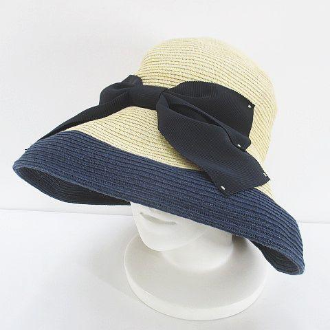 ハロッズ Harrods 麦わら帽子 ストローハット つば広 白系 オフホワイト アイボリー リボン...