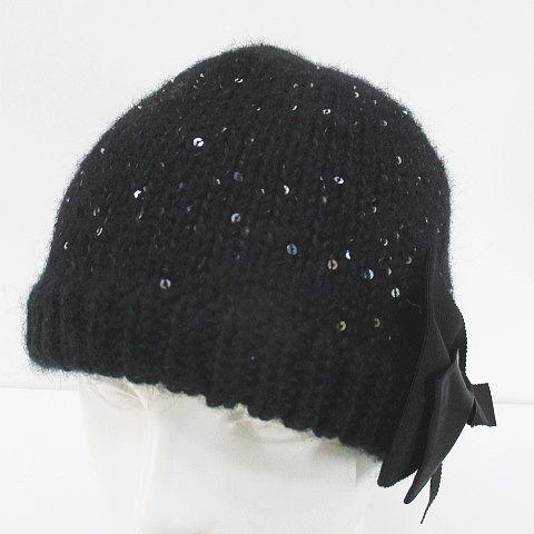 トッカ TOCCA ニット帽 帽子 ニットキャップ 黒系 ブラック スパンコール リボン ロゴプレー...