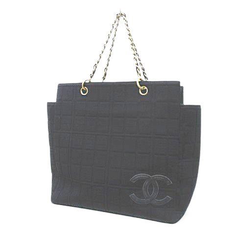 シャネル CHANEL チョコバー ココマーク トートバッグ チェーンショルダー ブラック 黒系 レ...
