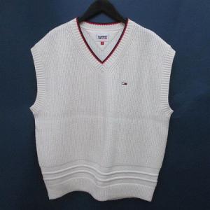 トミー TOMMY JEANS ニット ベスト プルオーバー M 白系 ホワイト Vネック ライン ロゴ 刺繍 リブ メンズ