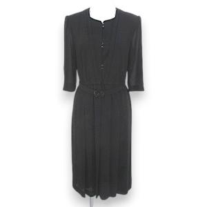 HIGH FASHION 七分袖 膝丈 プリーツワンピース ワンピース 9 黒系 ブラック 日本製 ベルト 肩パット 無地 レディース