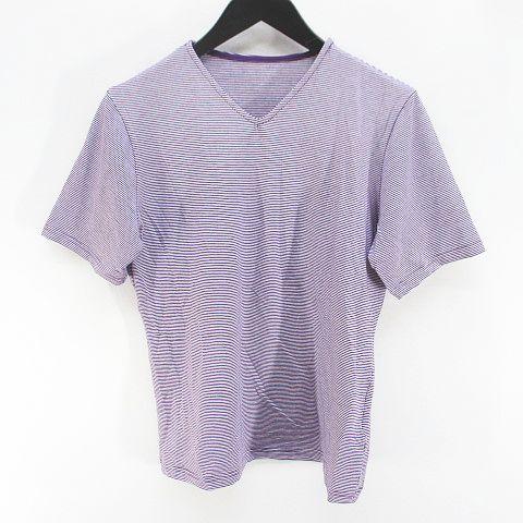 ブライトン BRIGHTO ボーダー 半袖 Tシャツ カットソー Vネック L 紫系 パープル 日本...