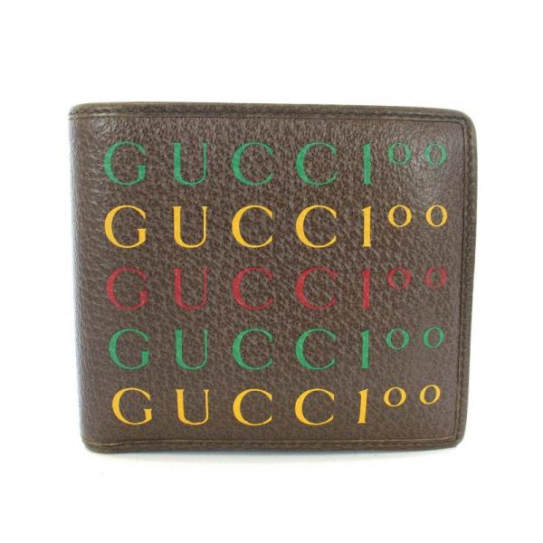 グッチ GUCCI 100周年記念 ロゴプリント 二つ折り財布 レザー 茶 ブラウン マルチカラー ...