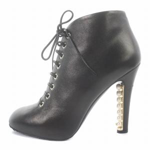 シャネル CHANEL BOTTINES ショートブーツ ハイヒール ピンヒール レースアップ パール装飾 レザー 39 25cm 黒 ブラック 白 /SI25｜vectorpremium